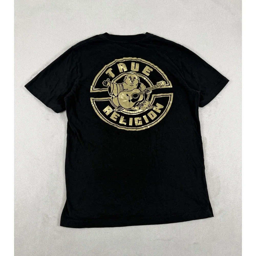 True Religion Mens Black Crew Neck T-Shirt Gold Metallic Horseshoe Logo Small